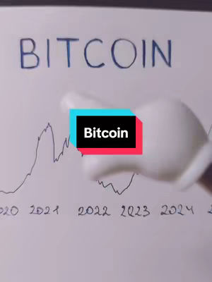 A white background featuring the handwritten word 'BITCOIN' with the visual of a stock chart. A cartoon hand with a white glove points towards the chart next to a rectangular box with the word 'Bitcoin'.