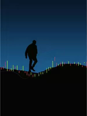 An abstract illustration of a silhouetted figure walking uphill. The figure is dark, set against a gradient background moving from dark to light blue. The slope is represented by a series of vertical bars in varying shades of green, yellow and red, potentially representing data plots or financial trends.