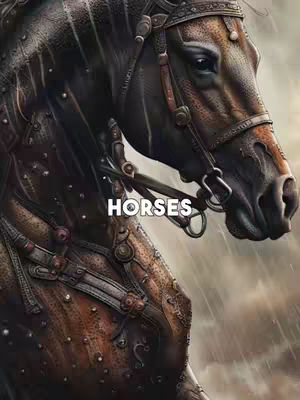 A digital artwork featuring a side profile of a horse. The horse is mostly brown with detailed textures suggesting textures and details. The word 'HORSES' is overlaid in white text.
