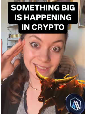 A woman with a surprised expression is the main focus, set against a blurred background suggesting an interior space. A bull graphic appears, seemingly emerging from the bottom of the frame. The background shows hints of furniture and additional objects that are out of focus.