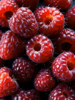 A close-up shot of ripe raspberries filling the frame. The raspberries are a deep red and have a textured surface with many small, individual drupelets. The composition is dense, with the raspberries tightly packed together, highlighting their color and form.
