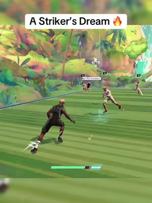 A colorful, stylized video game scene. In the foreground, a dark-skinned character in a black and grey uniform runs towards the left. Two other figures are also running towards the right, and two more figures are further in the background. Above the figures is text overlaid on a white background. The setting is a lush, green field surrounded by abstract, colorful foliage and a bright sky. The overall impression is dynamic and energetic.