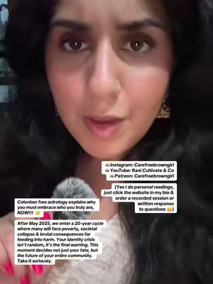 A woman with dark hair and brown eyes is shown in a selfie-style video, speaking directly to the camera with a concerned expression. Text overlays and contact information are presented in the frame, which include astrology content and content creator details.