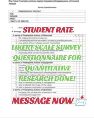 The image is a survey questionnaire with text overlays. The background is white. The main visual element is a table titled 'Survey Questionnaire' with rows like AGE, GENDER, RANK, and LENGTH OF SERVICE. Several text overlays are visible in different colors, like 'STUDENT RATE' in red, 'LIKERT SCALE SURVEY' in green and 'MESSAGE NOW' in red, as well as 'QUESTIONNAIRE FOR QUANTITATIVE RESEARCH DONE!' also in green.