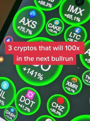 The image shows a dark background with numerous green circular elements, each containing a cryptocurrency ticker symbol, a percentage change, and a small icon. The red text overlay reads: "3 cryptos that will 100x in the next bullrun". The layout is visually busy with the circular elements scattered across the frame.