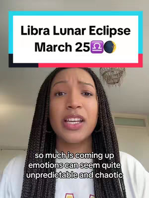 A woman with long braided hair is looking at the camera and talking. Above her head is a colorful header with the title 'Libra Lunar Eclipse March 25' over a blue background. Below her are some lines of text.