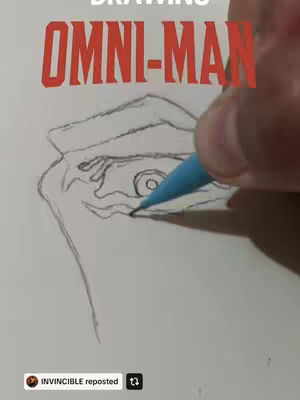 The cover image shows a hand holding a blue pen, drawing a sketch of a character's eye on white paper. Above the drawing is the text 'DRAWING OMNI-MAN' written in red. The lower left corner contains a small logo, and the text 'INVINCIBLE reposted', implying the image's origin or association.