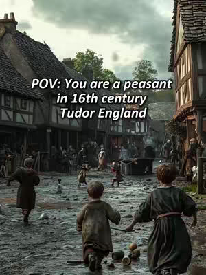 A digitally created scene depicting a medieval street with cobblestone ground and houses, with children running towards the viewer. The image has a somewhat desaturated color palette giving an aged feel.