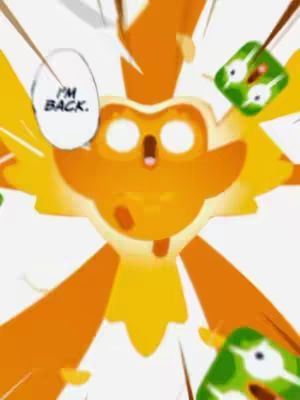An animated image featuring a central, abstract figure with owl-like features. The character is primarily orange and yellow with striking white, glowing eyes. Radiating lines emanate from the character's body, creating a starburst effect. Green, geometric shapes with white details float throughout the background. A speech bubble that says 'I'M BACK' is next to the main character.