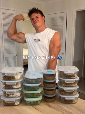 The cover image features a man flexing his bicep with several meal prep containers in front of him suggesting a high protein meal prep, there is text over the image as a hook with a blue sparkle emoji.
