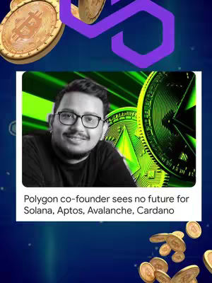 The image has a dark blue background with scattered gold coins and floating Bitcoin coins. In the center, a white rectangular frame contains a black and white photo of a man wearing glasses and a dark shirt. The Polygon logo is visible at the top right and text about the Polygon co-founder is overlaid in the white frame. Behind the frame with the man's picture is another image with green and black background with coins again.