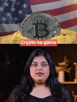 The cover image features a woman looking at the camera, with the text overlay reading 'Crypto ka game'. Behind her, there is gold, a Bitcoin coin and the American flag.