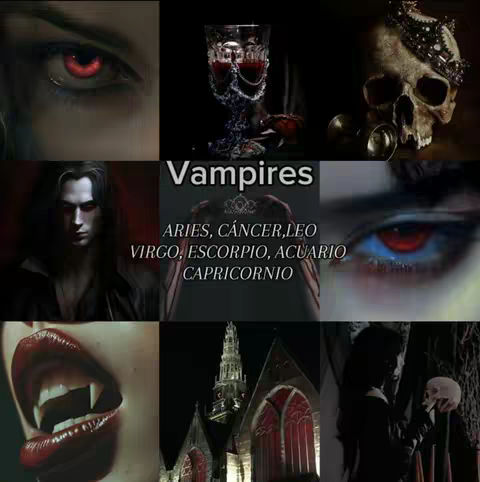 A collage featuring various components: an eye with a red iris, a wine glass with red liquid, a skull wearing a crown, a portrait of a pale-skinned person with dark hair and red eyes, the text "Vampires" with a list of zodiac signs, a close-up of an eye also with red iris, a mouth with fangs and red lipstick, a building with a tower and red-framed windows, and a person holding a skull.