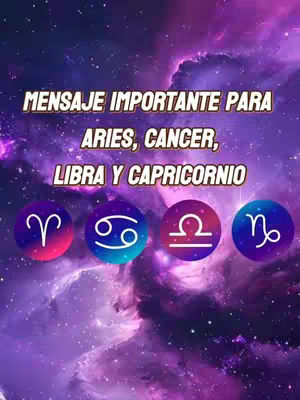 The image is a stylized graphic with a cosmic purple background filled with stars and nebulas. In the center, four circular elements float, each containing a different astrological symbol: Aries, Cancer, Libra, and Capricorn. Above these symbols, a gold banner displays text. The overall design is vibrant and eye-catching, conveying a mystical feel.