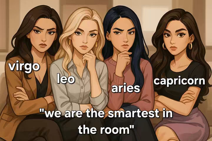 An illustration featuring four women in a row, each with a different hairstyle and attire. The ladies are of different skin tones, each has a hand on their chin. Text appears above the women's heads to indicate their zodiac sign, and below the women a text overlay appears, quoting, "we are the smartest in the room".