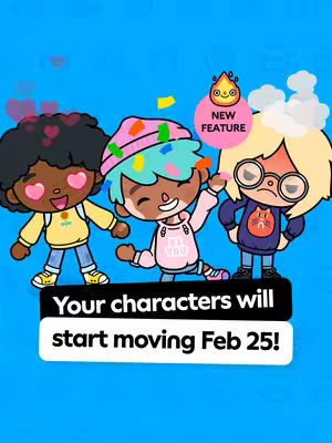 The cover image presents three cartoon characters set against a vibrant blue background. The characters, all with unique features, are positioned in the foreground. Text announcing a new feature is overlaid on a black and white rectangle. Various graphical elements, such as hearts and confetti, add to the playful design.