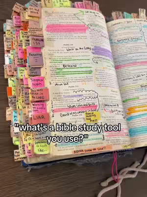 A bible is open, displaying highlighted text, notes, and colorful tabs. The left page is covered with sticky notes of various colors with written annotations. The right page also has some highlighted sections. Overlaid on the image is a text banner.