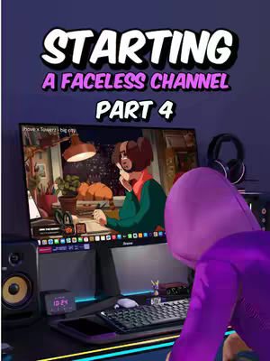The cover image shows a scene that is a mix of real-world and animated elements. The top portion features large, stylized white text on a dark background that says 'STARTING' above 'A FACELESS CHANNEL PART 4.' Below this, a computer monitor is visible, displaying an animated scene with a person seated in a room with a window and a table. The color scheme mainly uses purples, blues, and golds, contributing to a cozy and inviting vibe. In the foreground, a person is rendered in an illustrative style wearing a purple hoodie looking at the monitor. On the desk are tech accessories: speakers, keyboard, mouse, and a digital clock. The lighting has a cinematic mood coming from the scenes on the monitor, adding depth to the image. The overall composition creates a vibrant, visually engaging thumbnail.