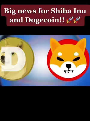 The image displays the Dogecoin and Shiba Inu logos side-by-side against a blurred blue background, with text overlayed at the top in a burgundy bar.