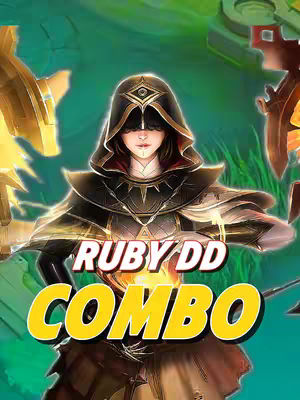 A vibrant digital illustration features a central female character in a hooded cloak, set against a dynamic backdrop of swirling green and gold elements. The character is the focal point, with the text "RUBY DD COMBO" in bold, colorful letters overlaid at the bottom, complementing the image with its striking visual quality.