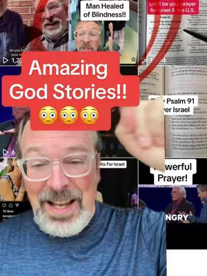 The cover image is a selfie-style video showing a man with glasses at the bottom. Overlaid on the image is a red rectangular graphic with white text: "Amazing God Stories!!" Beneath the graphic are three emoji faces. The background includes a grid of images and text excerpts related to religious themes and stories. One image on the background reads 'Man Healed of Blindness'.