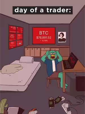 An illustrated scene of a room where a green-skinned creature with hands on its head is sitting on a stool. The creature is distressed, and in front of it is a desk with a laptop displaying a chart. The room includes a bed, a monitor showing BTC data, and various objects scattered on the floor, conveying a chaotic environment, likely representing the life of a crypto trader.