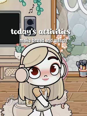 An animated image featuring a cartoon character with blonde hair and headphones. The character has large, red eyes and is blushing. Text overlays read "today's activities" and "make bread and watch". The background suggests a room setting with a TV, speakers, and decorative elements.