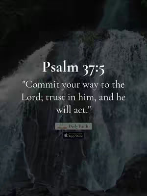 The image shows a cascading waterfall with a dark background. Overlaid on the water are white text elements that read a Bible verse with the app name at the bottom.