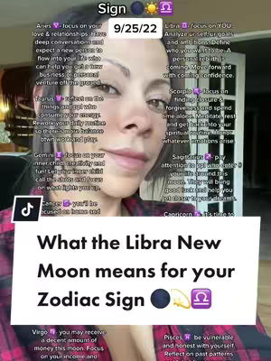 The cover image features a woman centered in front of a blurred background. Overlaid on the image is a text box that reads, "What the Libra New Moon means for your Zodiac sign." The image also includes the tiktok logo.