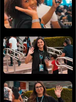 The cover image is a compilation of three photos. The top image shows a woman smiling and waving, with another person slightly visible behind her. The middle image shows a woman in a black outfit, waving at the camera in front of a building with metallic railings. The bottom image shows a woman with black-rimmed glasses waving at the camera.