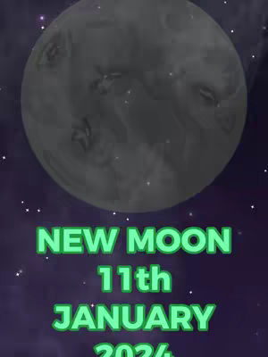 A celestial-themed image featuring a dark gray and textured illustration of the moon at the top, set against a starry purple night-sky background. Below the illustrated moon, the text overlay reads: NEW MOON, 11th, JANUARY, 2024, set in neon-green outlined font.