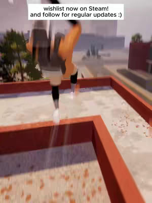 A person wearing athletic clothing is captured mid-air, feet extended, over a rooftop setting with red, geometric blocks and a muted cityscape backdrop.  Text overlays appear in a white rectangle at the top with a white background informing viewers to wishlist on Steam.