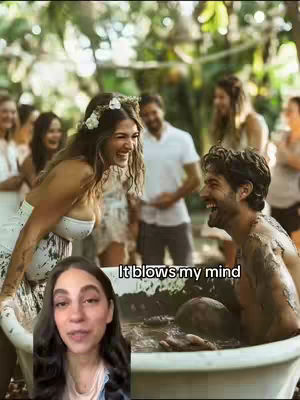 The image shows a joyful bride with a flower crown, leaning towards a man who is sitting in a tub covered in mud. The background includes a group of wedding guests and lush greenery. A smaller video inset in the bottom corner shows the creator.