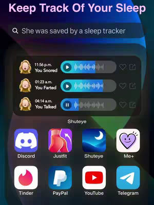 The cover image is a phone screen showing a sleep monitoring app interface. The top has a text overlay in a stylized font that says "Keep Track Of Your Sleep." Below this, it displays the text "She was saved by a sleep tracker". The main part of the screen shows three entries, each with a time, audio waveform, and text descriptions of sounds detected during sleep. The entries note snoring, farting, and talking. At the bottom, several app icons appear, including Discord, Justfit, Shuteye, Me+, Tinder, PayPal, YouTube, and Telegram.