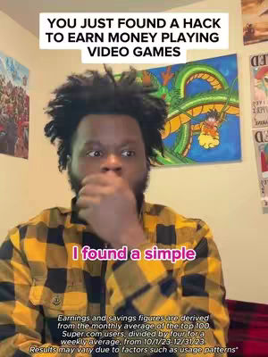 A person with dark skin and a beard, wearing a yellow checkered shirt, is the central focus, with the person covering their mouth with their hand and looking towards the left. The background includes a white wall with the text 'YOU JUST FOUND A HACK TO EARN MONEY PLAYING VIDEO GAMES'. There is an image, likely a painting of a dragon, visible in the background. Text overlays at the bottom of the frame are describing savings and earnings figures.