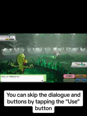 A pixelated battle scene from a video game. A green, sprite-like creature, resembling a frog, faces left, while another creature, partially visible, is on a circular platform in the background. Text boxes and buttons are present at the bottom of the screen, with the game's interface visible.