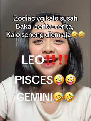 A selfie-style image with a smiling woman as the central figure. Text overlays are strategically placed to highlight zodiac signs. The woman has dark hair and wears light makeup. Background is a light, neutral tone.