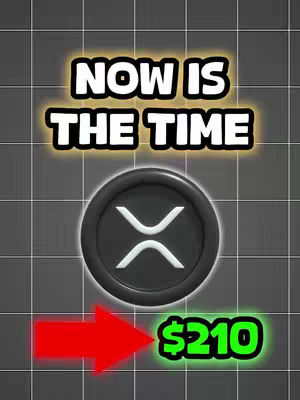 The image features a gray gridded background. In the center, there's a black circle with the XRP cryptocurrency logo (a stylized, white 'X'). Below the logo, a red arrow points towards a green text box that says '$210', indicating a price or value, with a neon effect.
