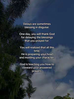 The image shows a quote on the upper right part, with a backdrop of a blue sky and palm trees in the background and some text in overlay on top of it. The text expresses a message of faith and encouragement.