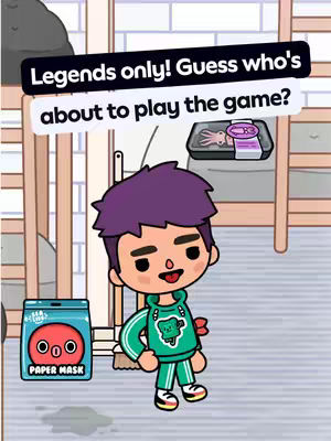 An illustration from the game Toca Life, of a person in an interior background. The foreground has a Toca Life character wearing green and light green sportswear, next to a laundry bag for paper masks. Behind this person are the doors of a cabin with a tray with a pink object inside.