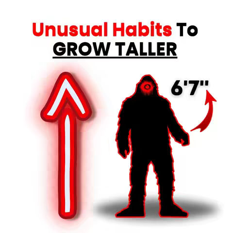 The cover image displays a white background with a large red arrow pointing upwards on the left side and a black silhouette of a bigfoot-like creature on the right. Text overlayed in red and black reads 'Unusual Habits To GROW TALLER' above the image.