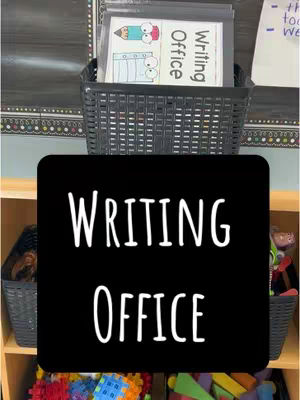The image shows a black rectangle with the words "WRITING OFFICE" in large, white font. Below this is a shelf with a black storage bin and a basket containing writing-related materials.