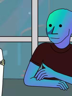 A cartoon-style image featuring an NPC-like figure. The character has a blue and green gradient complexion, a dark brown shirt, and is positioned near a window or a reflective surface. The overall composition uses a simple, yet recognizable art style, suitable for meme-related content.