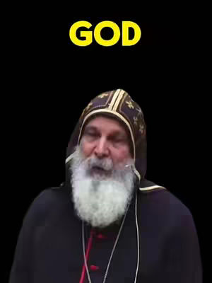 The image features a man with a white beard and a serious expression. Above his head is the word "GOD" in yellow. The background is a solid black color.