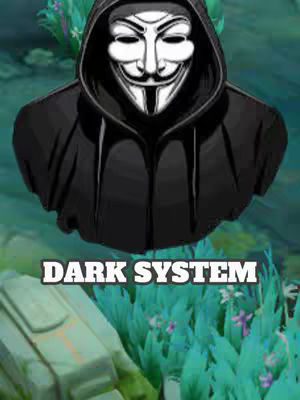 The image is a slightly blurred, stylized graphic. It features a masked individual in a black hooded garment taking up the majority of the frame. The mask is white with a stylized face, while the hood drapes over the shoulders. The word "DARK SYSTEM" is prominently displayed in a bold, white, simple font at the bottom. In the background, a blurry and stylized natural scene with green and purple hues suggest grass and foliage.