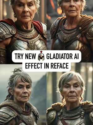 The cover image showcases four different images of an older woman, each digitally altered to depict her as a gladiator. The images are arranged in a 2x2 grid. The woman is wearing gladiator armor and a determined expression. The background appears to be a blurred representation of a coliseum or a similar historical setting. Overlayed at the bottom of the grid is a white bar with text.