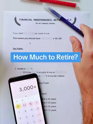 The cover image is a top-down view of a white paper, with a blue and red pen. Text overlays include the title 'How Much to Retire?' and a blue rectangle to make it stand out. The image includes numbers on a calculator screen with a hand on the paper.