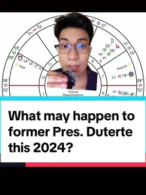 A man with glasses and a microphone is centered in the frame. Behind him, a circular astrology chart is displayed, featuring various symbols and lines. Below the man, in a block of white, is the overlaid text: What may happen to former Pres. Duterte this 2024?