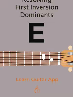 The image has a grey background. The top has a white text overlay of "Resolving First Inversion Dominants". There is a big black uppercase letter "E" in the middle and under it a guitar neck and below that "Learn Guitar App" in orange with a flame icon below it.