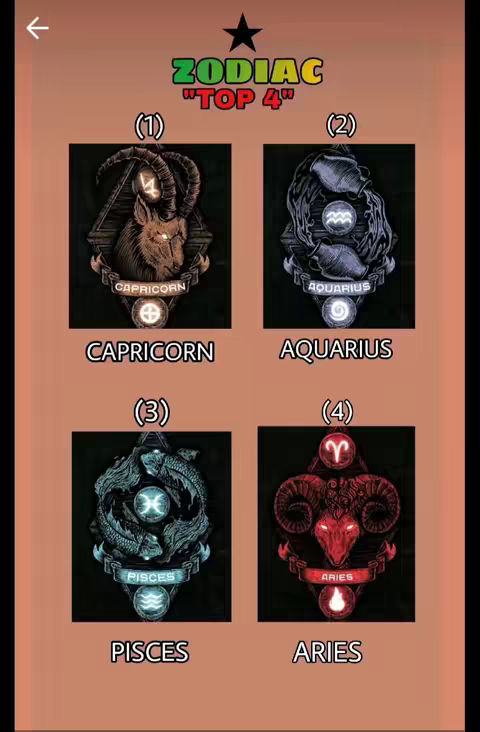 The cover image is a vertical graphic with a black background and a central white square divided into four quadrants. Each quadrant features a different Zodiac sign icon, with its corresponding name in large text below. The signs are Capricorn, Aquarius, Pisces, and Aries, each presented with a unique illustration. A banner at the top of the image displays the word 'ZODIAC' in a colorful, stylized font above the words "TOP 4". There is a black star at the top of the page.